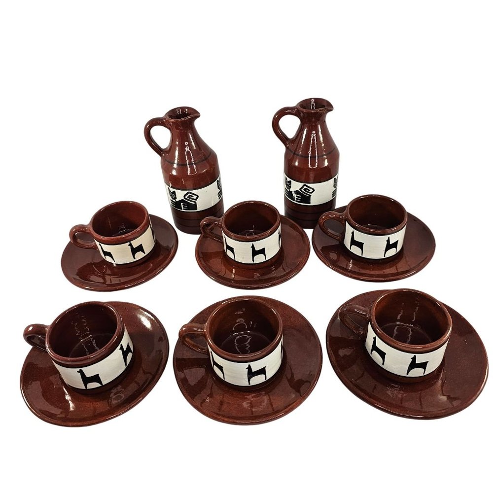 Los Reyes Lima Peru Art Pottery Cup Saucer Pitcher Llama Alpaca Ca Hand Painted